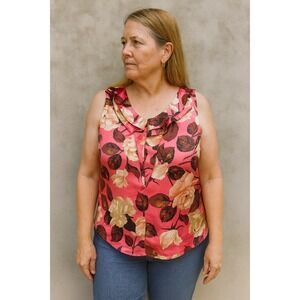 Talbots Silk Blend Top Womens 12 Pink Floral Print Sleeveless Ruffle Blouse Tank